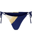 Sienna Swim Nalo tie bikini bottom in Gold Coast featuring adjustable side ties and panel construction in sapphire, cream, and gold.