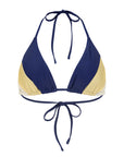 Sienna Swim Nalo triangle bikini top in Gold Coast featuring panel construction in sapphire, cream, and gold.