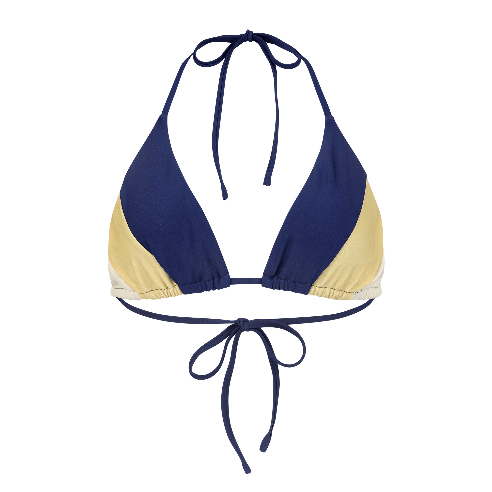 Sienna Swim Nalo triangle bikini top in Gold Coast featuring panel construction in sapphire, cream, and gold.