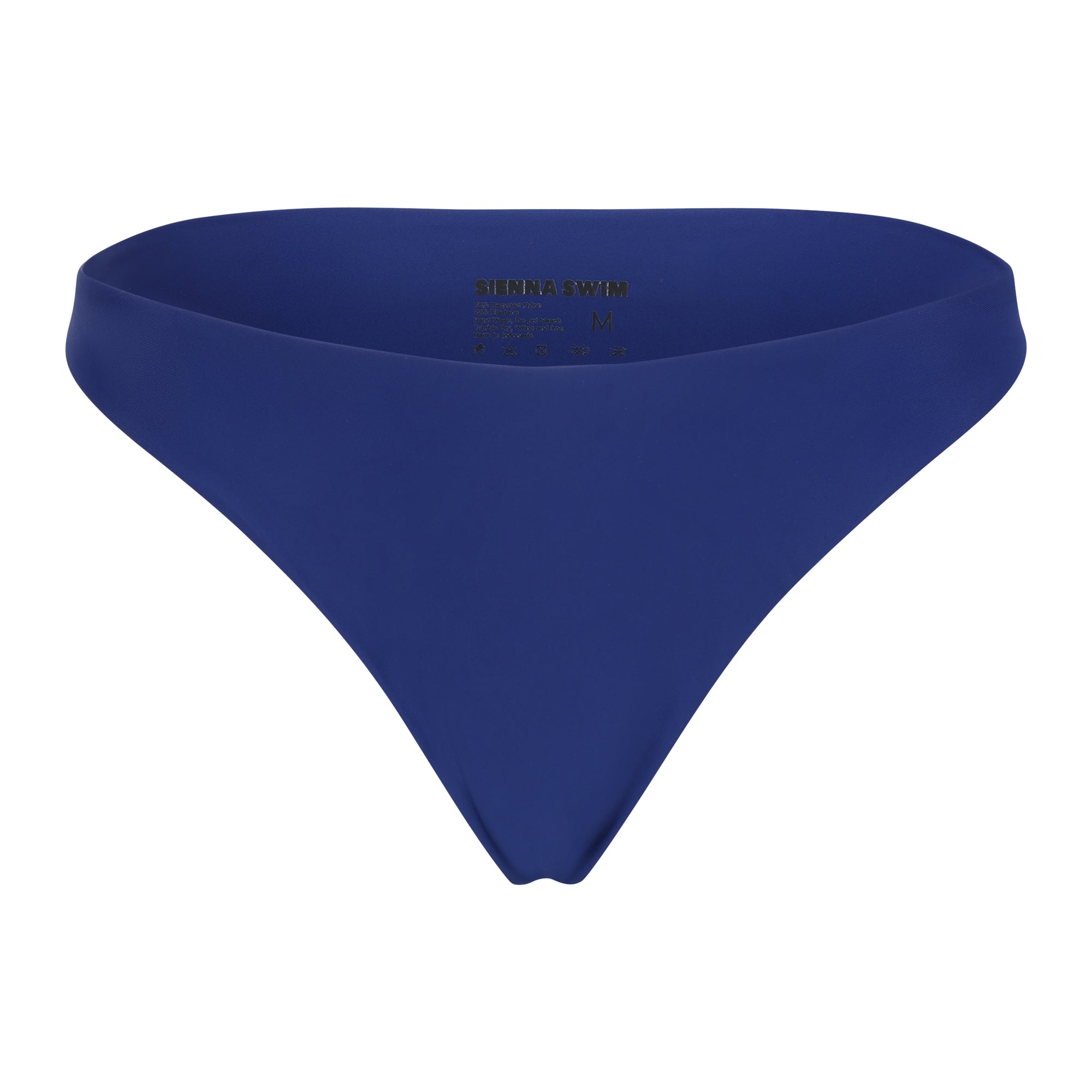 Sienna Swim Swami’s high-rise bikini bottom in Sapphire blue made from premium Italian Vita fabric.
