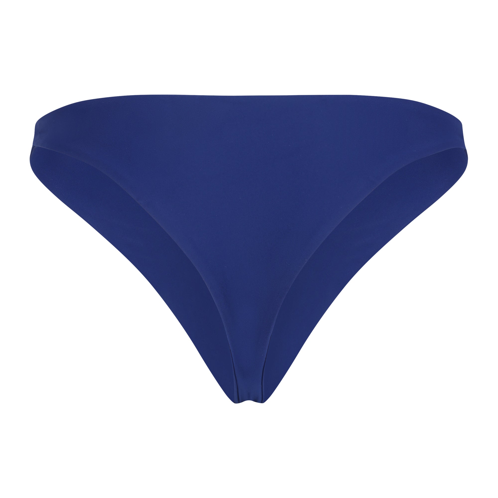 Back view of Swami’s cheeky bikini bottom in Sapphire blue featuring a high-rise silhouette and smooth Italian Vita fabric.