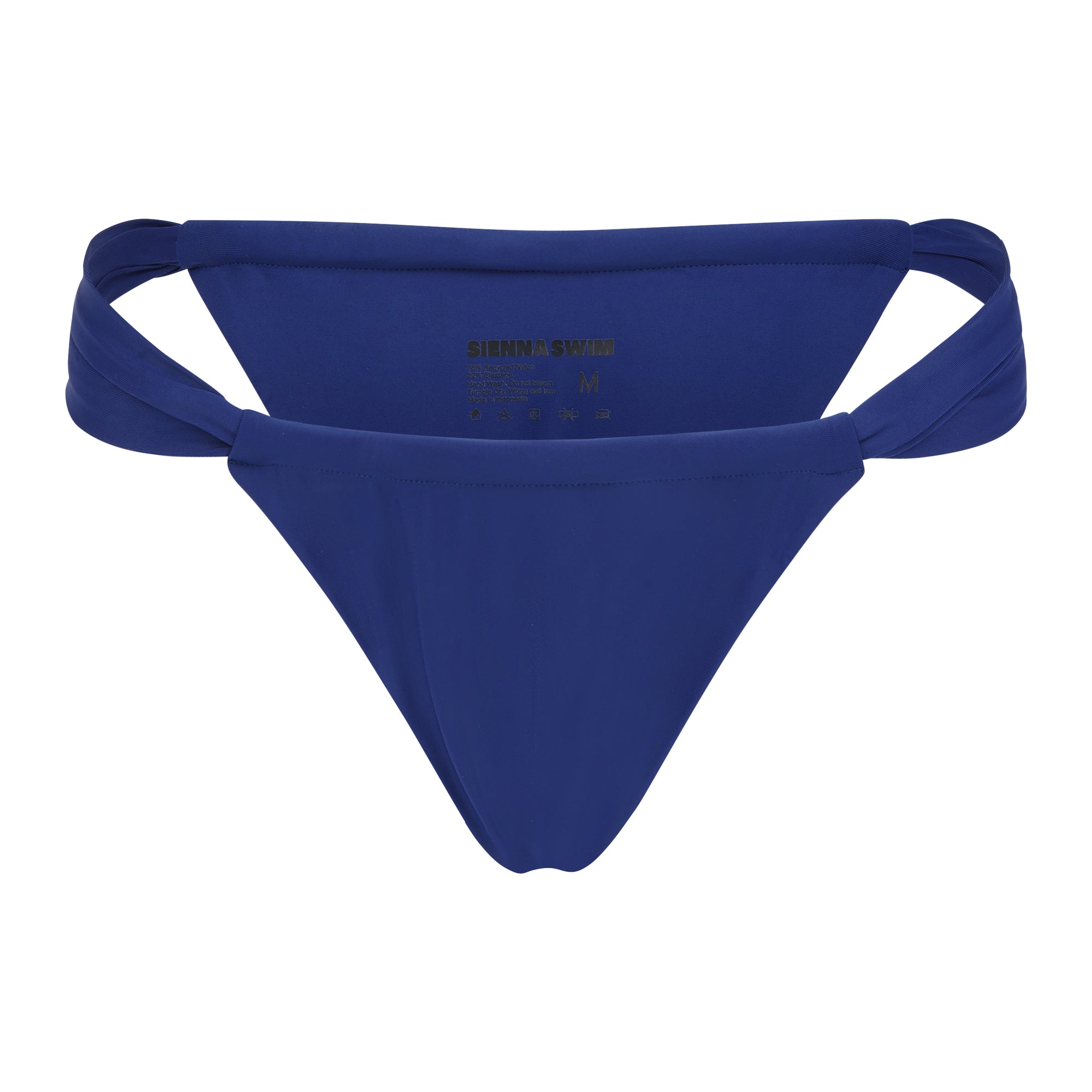 Sienna Swim Cabo high-leg bikini bottom in Sapphire blue featuring double side straps and comfortable coverage in premium Italian Vita fabric.