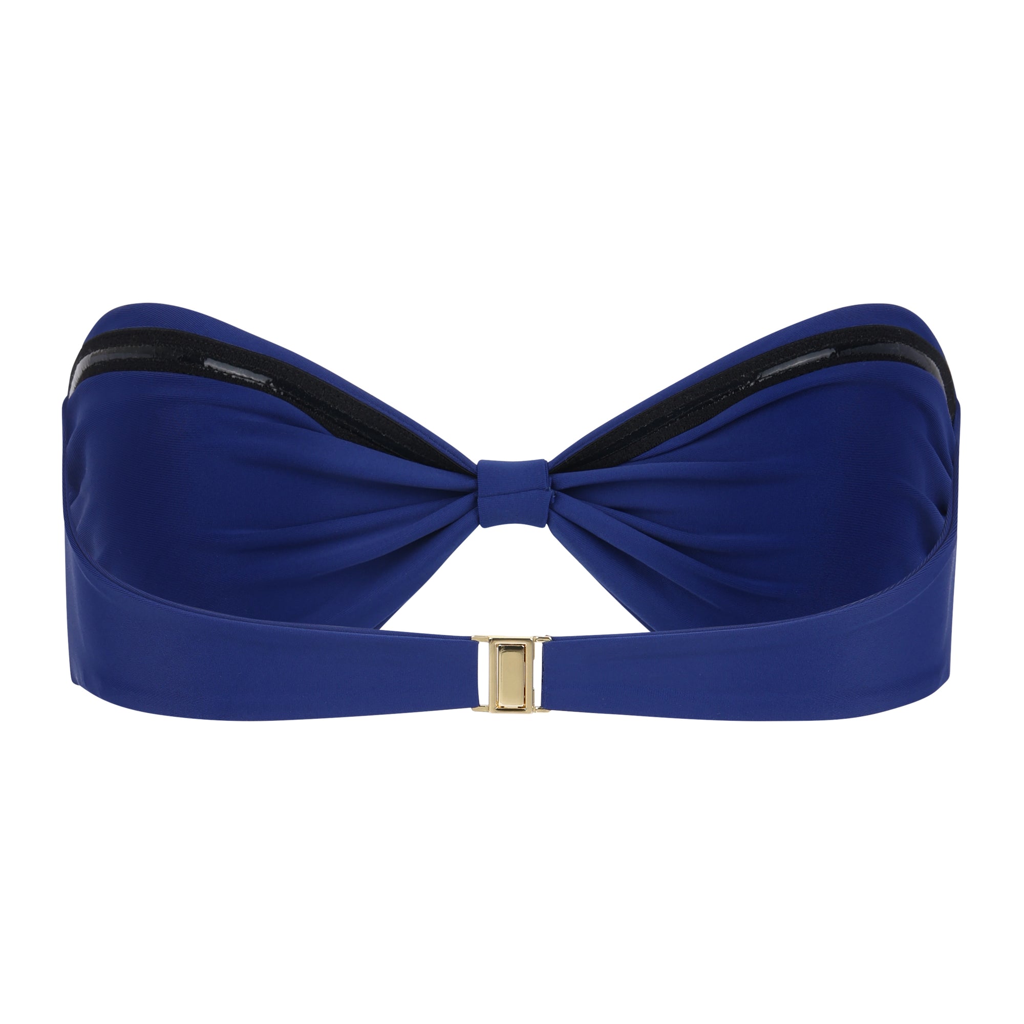 Back view of Santorini bandeau bikini top in Sapphire blue featuring a gold clasp closure and smooth Italian Vita fabric.