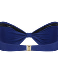 Back view of Santorini bandeau bikini top in Sapphire blue featuring a gold clasp closure and smooth Italian Vita fabric.
