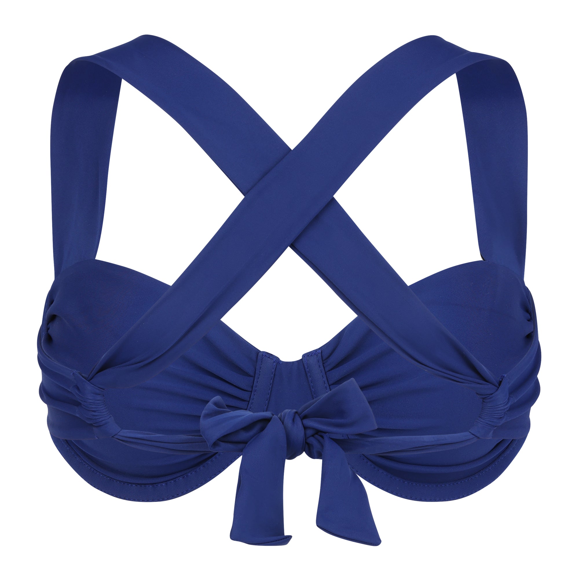 Back view of Cabo bikini top in Sapphire blue with adjustable criss-cross tie back and wide straps.