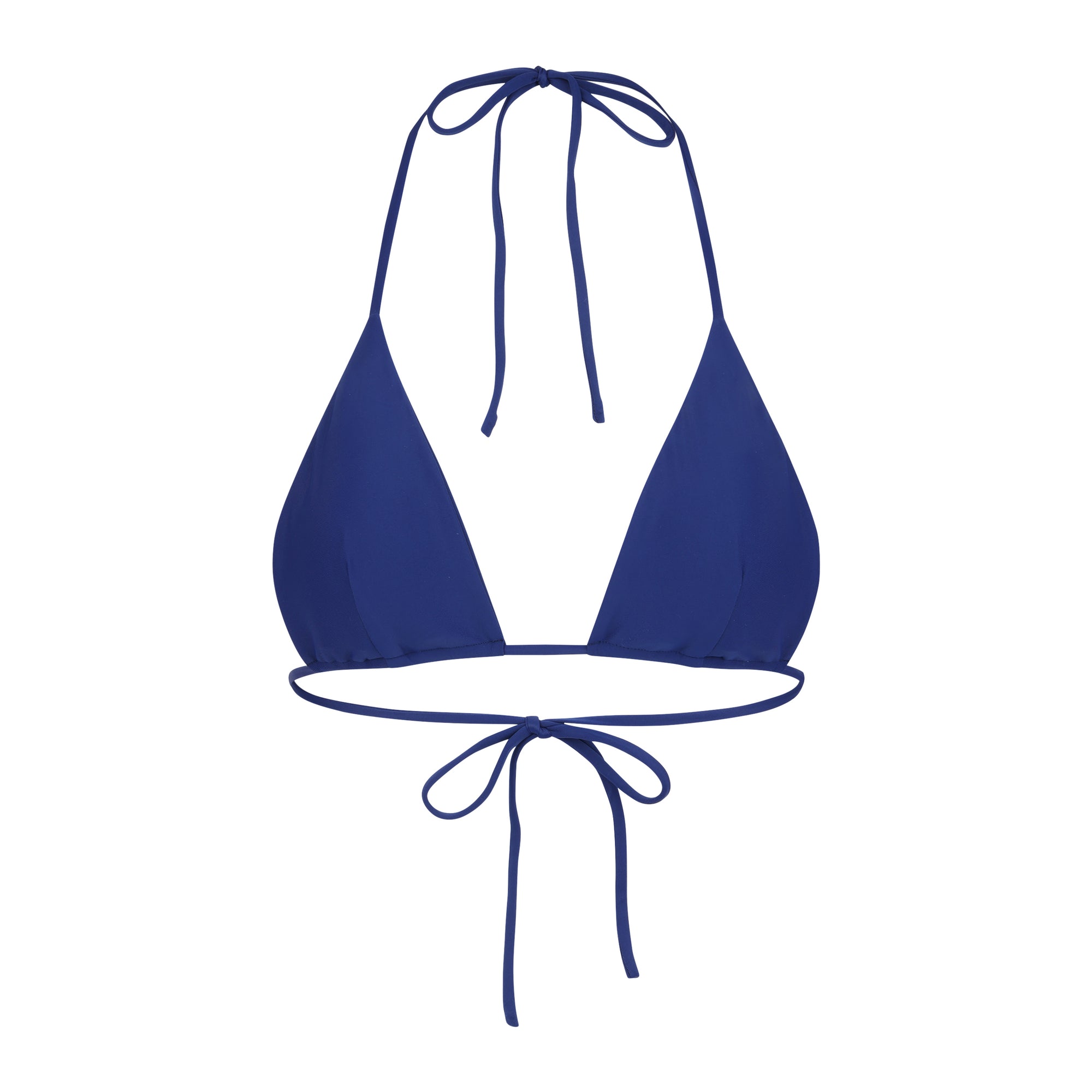 Sienna Swim Tulum triangle bikini top in Sapphire blue made from Italian Vita fabric with adjustable neck and back ties.